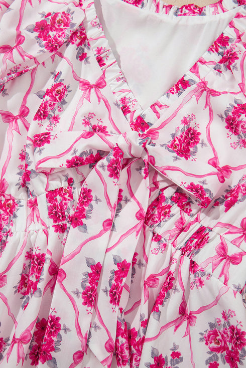 Floral Ruffle Shoulder V Neck Mini Dress with Bow Detail